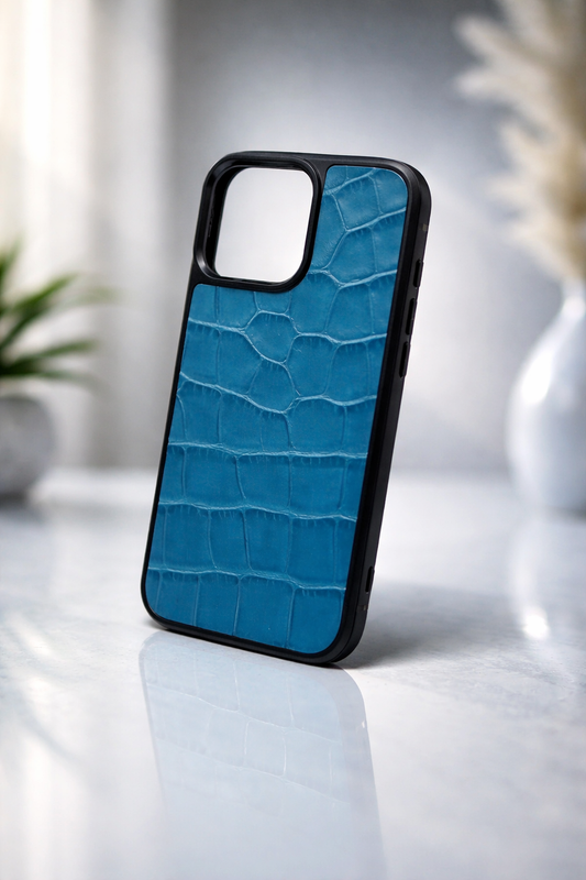 Handmade Blue Italian Leather Phone Case Crocodile Embossed Gift for Him