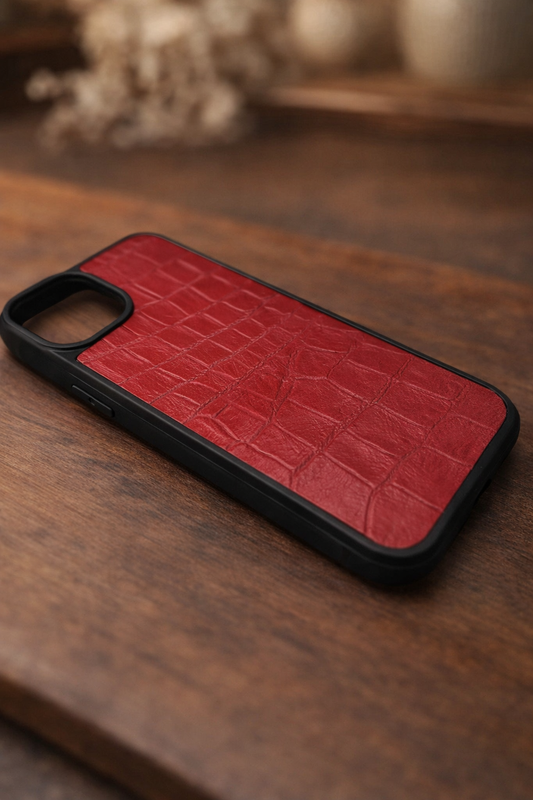Handmade Red Italian Leather iPhone Case Crocodile Texture Gift for Her Shockproof