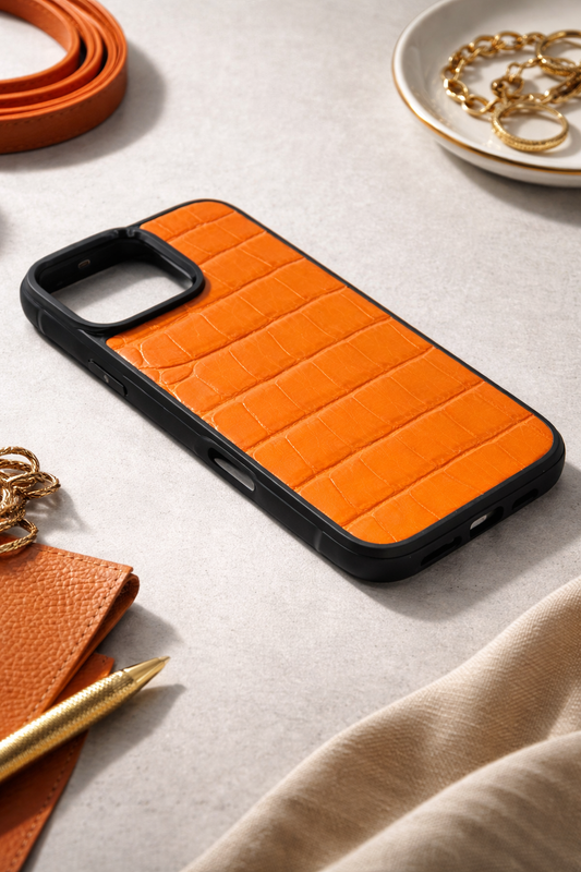 Handmade Orange Genuine Italian Leather Croc Phone Case Hard Protective Shell Gift for Her