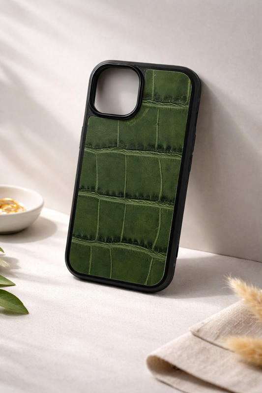 Handmade Green Italian Leather Crocodile Texture Smartphone Case Gift for Him