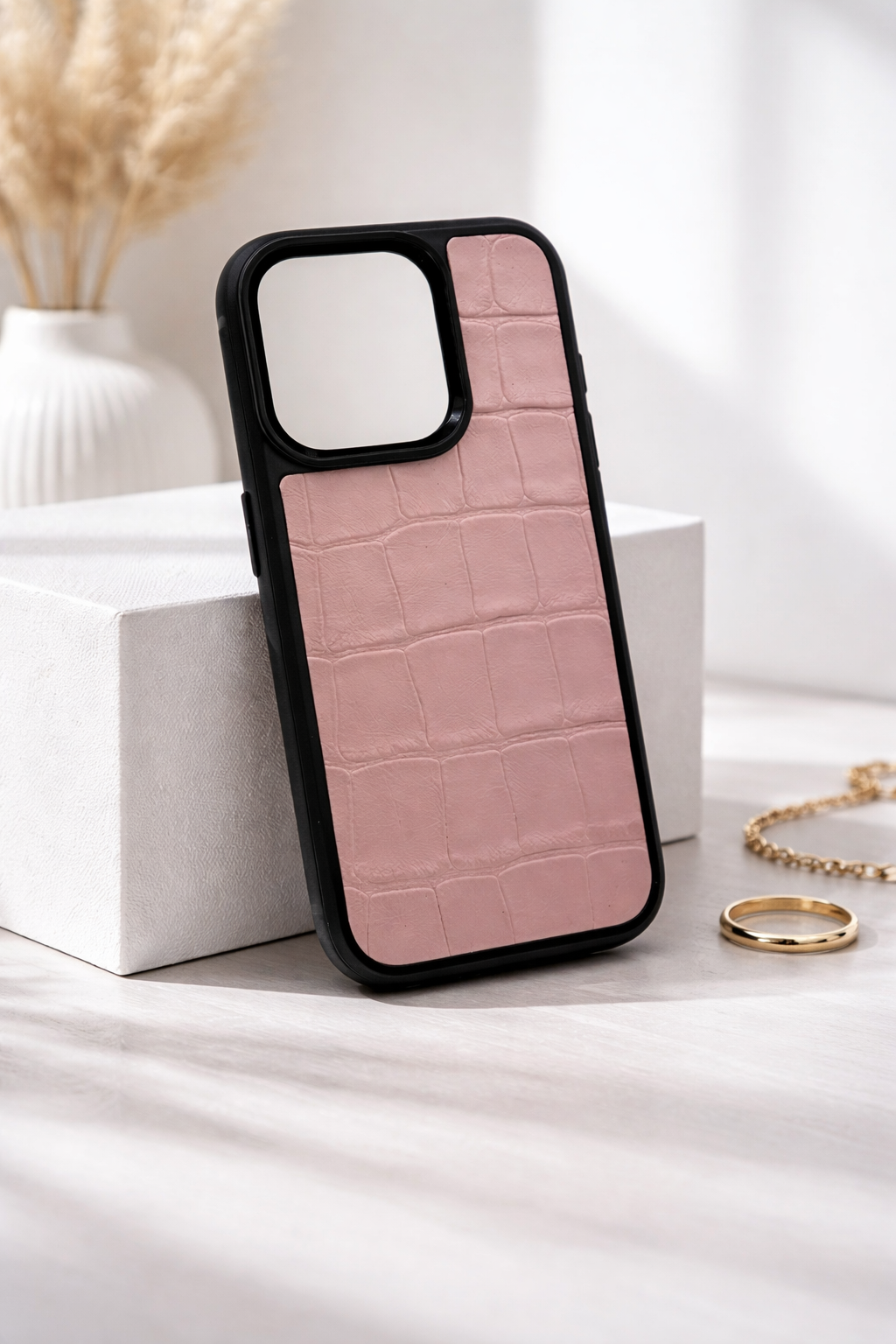 Handmade Pink Italian Leather Phone Case Gift for Her Crocodile Embossed