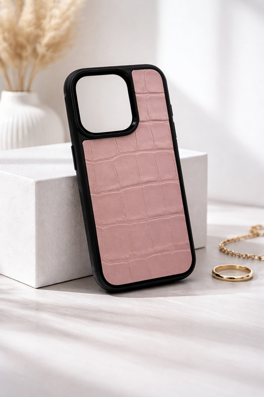 Handmade Pink Italian Leather Phone Case Gift for Her Crocodile Embossed