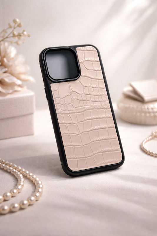 Handmade Light Pink Italian Leather iPhone Case Crocodile Embossed Gift for Her
