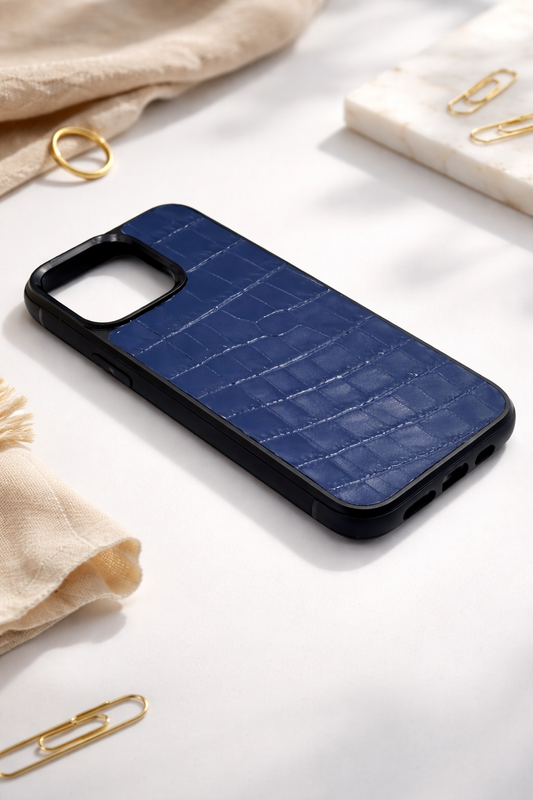 Handmade Genuine Italian Leather Blue Phone Case Crocodile Emboss Gift for him