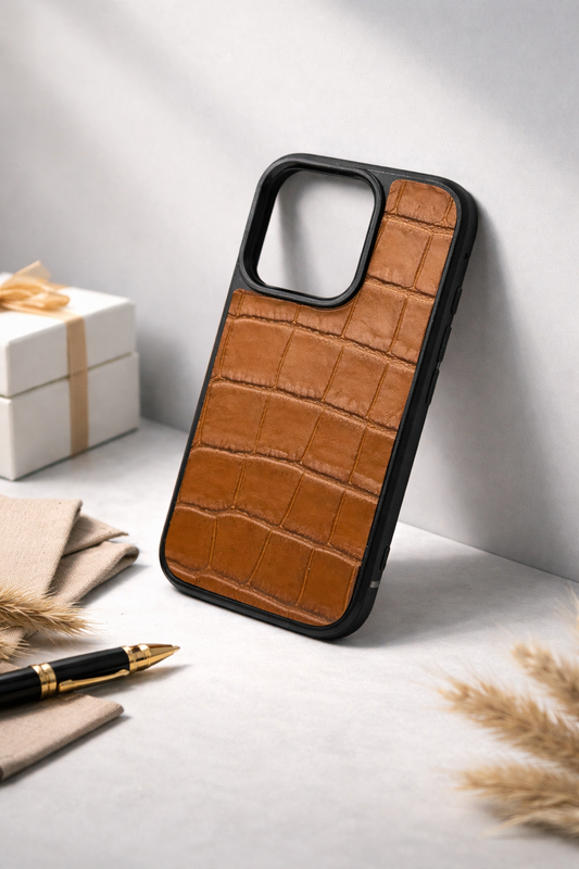 Handmade Italian Leather iPhone Case Brown Crocodile Texture Shockproof Gift for Him