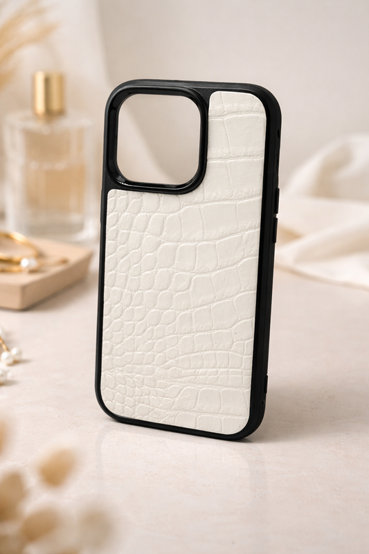 Handmade White Italian Leather Phone Case Crocodile Texture Luxury Protective Polycarbonate Gift for Her