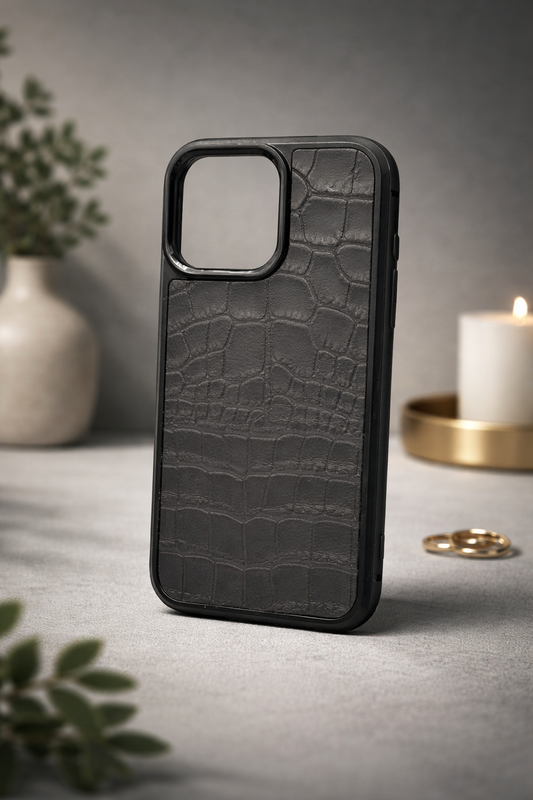 Handmade iPhone case gray genuine Italian leather crocodile pattern polycarbonate shockproof gift for him