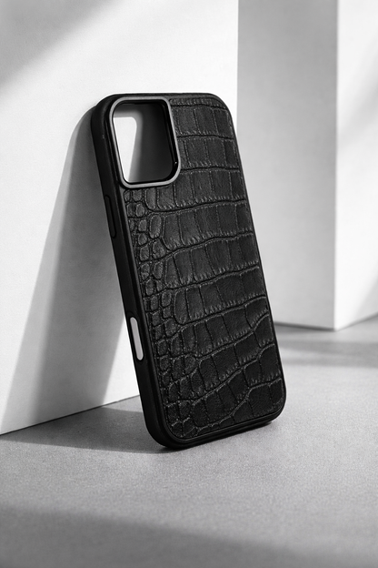 Handmade Black Italian Leather Croc iPhone Case Gift for Him or Her Shockproof