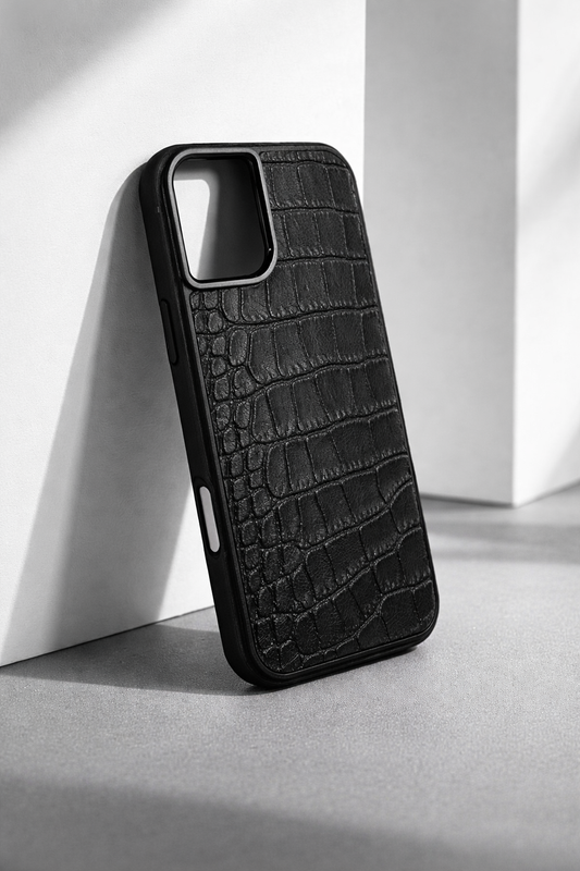 Handmade Black Italian Leather Croc iPhone Case Gift for Him or Her Shockproof