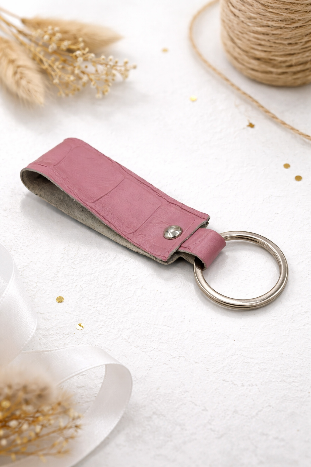 Handmade Italian Leather Keychain Crocodile Embossed Keyring Gift for Her
