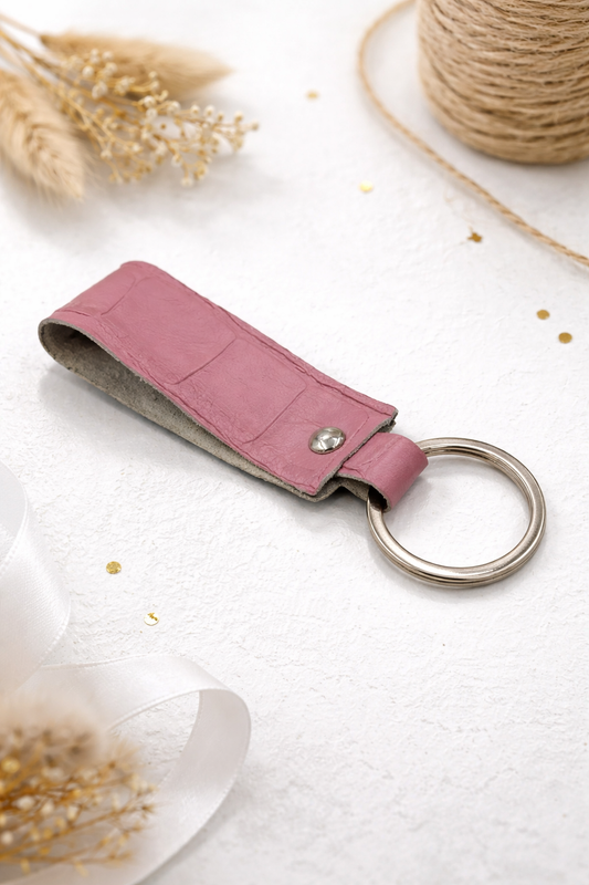 Handmade Italian Leather Keychain Crocodile Embossed Keyring Gift for Her