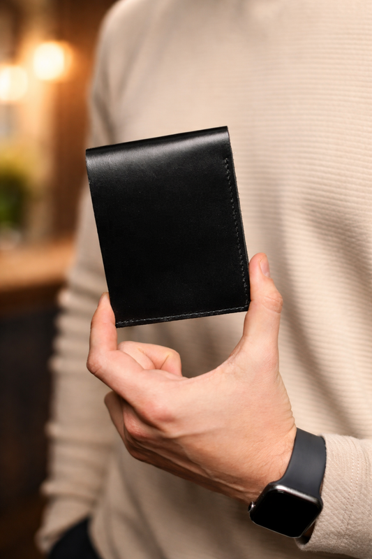 Handmade Mens Bifold Wallet Genuine Leather Black Gift for Him