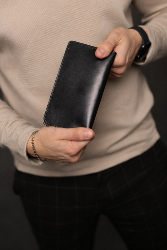 Handmade Black Leather Mens Wallet Gift For Him Classic Long Wallet