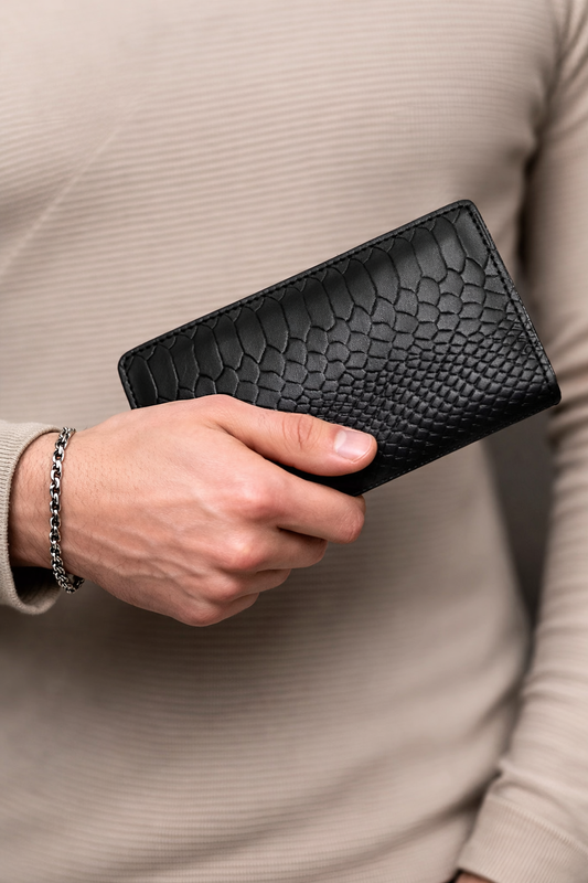 Handmade Mens Wallet Genuine Leather Black Python Embossing Gift for Him