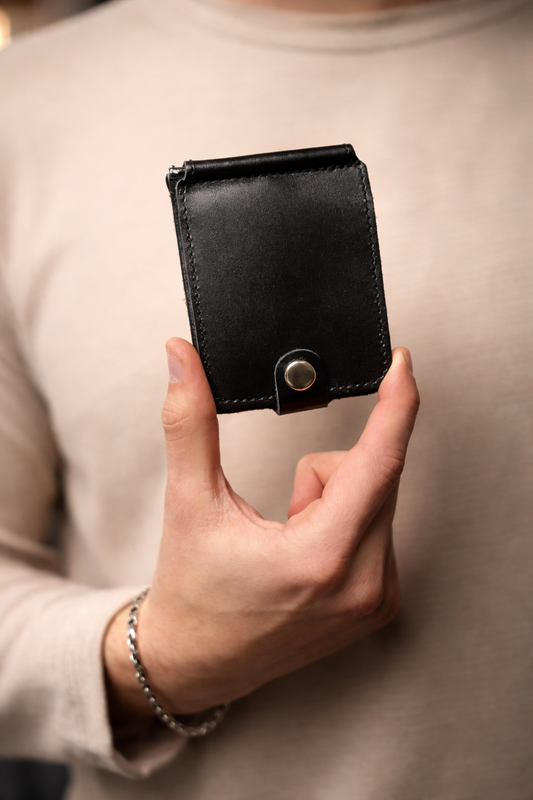 Handmade Black Leather Money Clip for Men gift for him Slim Leather Card Holder Wallet