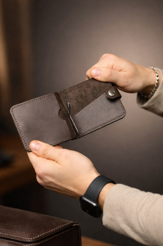 Mens Leather Money Clip Brown Handmade Gift for Him Slim Bill Holder with Card Slots