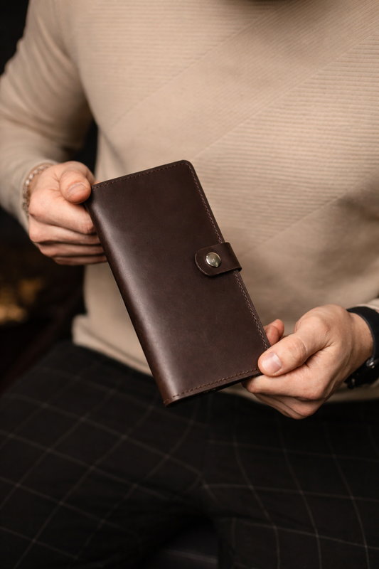 Handmade Genuine Leather Mens Wallet Brown Long Wallet Gift for Him