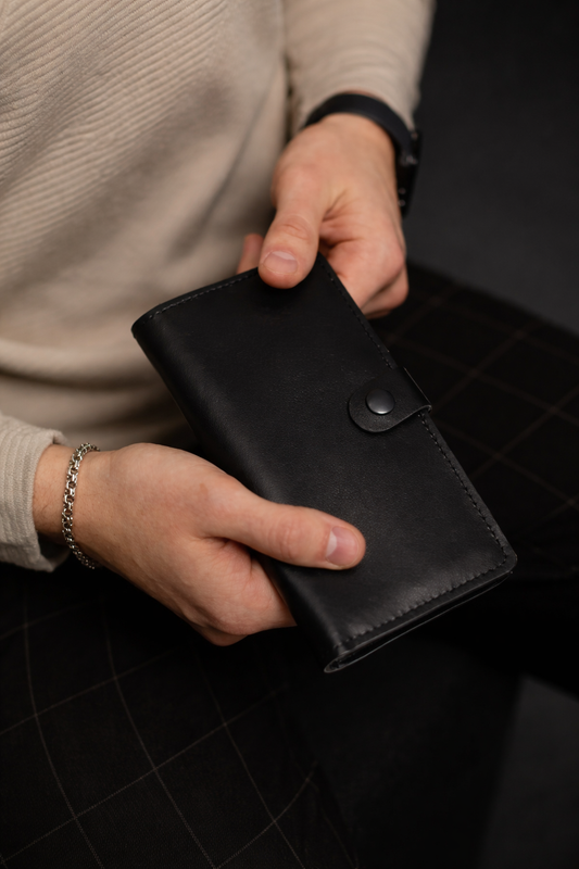 Mens Black Leather Long Wallet Handmade Gift for Him