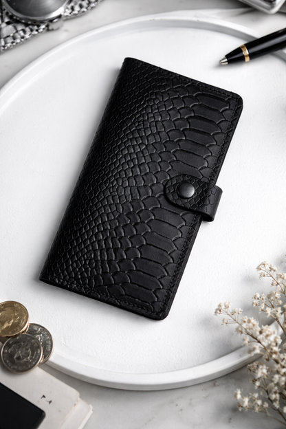 Mens Genuine Leather Wallet Black Python Embossing Handmade Gift For Him
