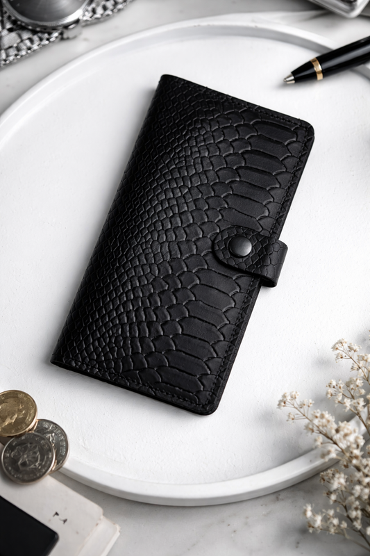 Mens Genuine Leather Wallet Black Python Embossing Handmade Gift For Him