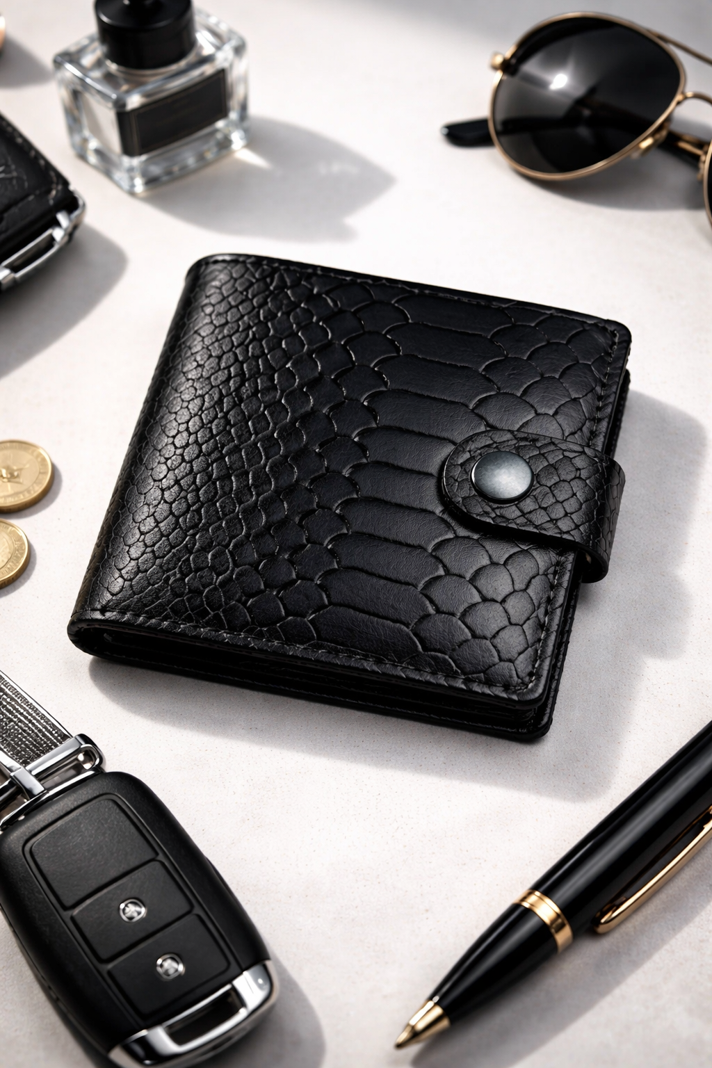 Handmade Classic Black Wallet SR017 Genuine Smooth Leather Python Embossing Gift for Him