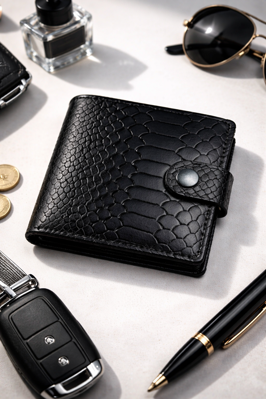 Handmade Classic Black Wallet SR017 Genuine Smooth Leather Python Embossing Gift for Him