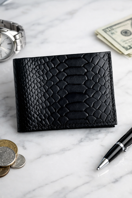 Mens Bifold Wallet Genuine Leather Black Python Embossing Handmade Gift for Him
