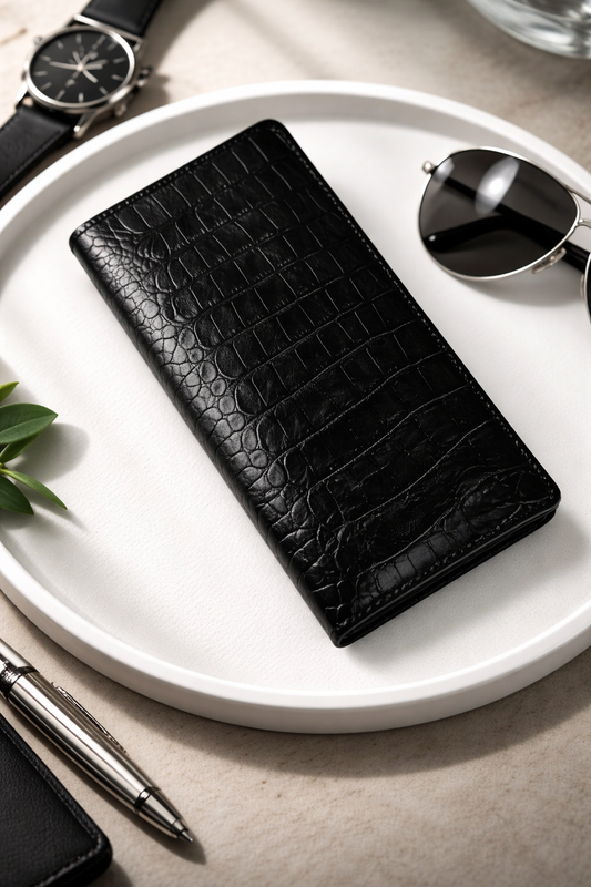 Handmade Mens Black Crocodile Embossed Genuine Leather Wallet Gift for Him