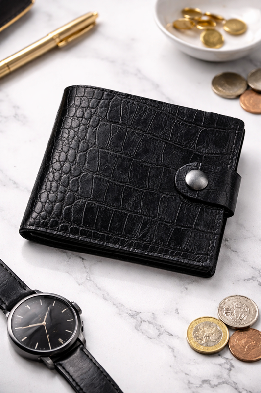 Handmade Classic Men Wallet Genuine Leather Crocodile Embossed Black Gift For Him SR027