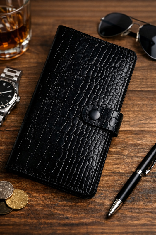 Handmade Mens Wallet Genuine Leather Crocodile Embossing Black Long Wallet Gift For Him