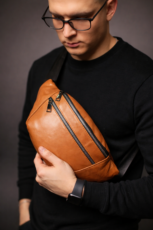 Handmade Mens Black Genuine Leather Banana Bag Gift for Him