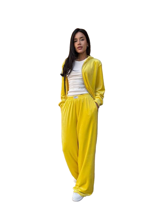 Yellow Velour Tracksuit with Zip Hoodie and Palazzo Pants