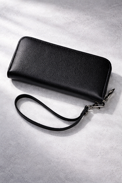 Handmade Black Genuine Leather Mens Clutch Wallet Gift for Him Wrist Strap Zip Closure
