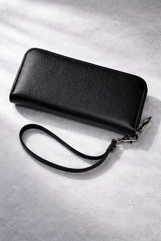 Handmade Black Genuine Leather Mens Clutch Wallet Gift for Him Wrist Strap Zip Closure