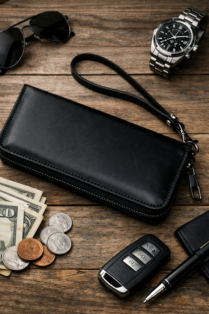 Mens Handmade Genuine Leather Clutch Wallet Black Wristlet Gift for Him