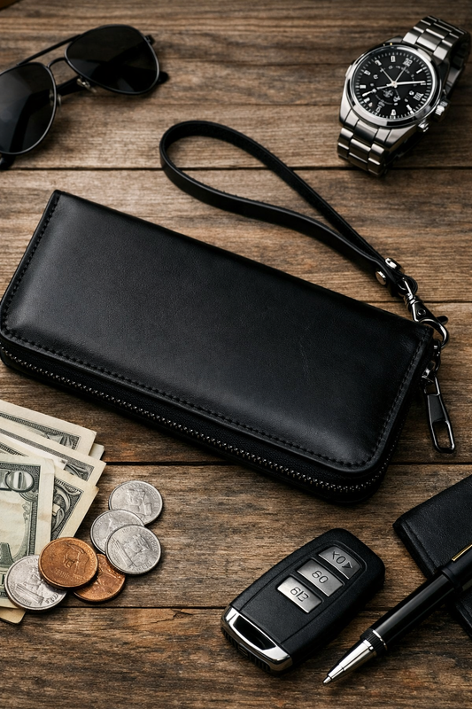 Mens Handmade Genuine Leather Clutch Wallet Black Wristlet Gift for Him