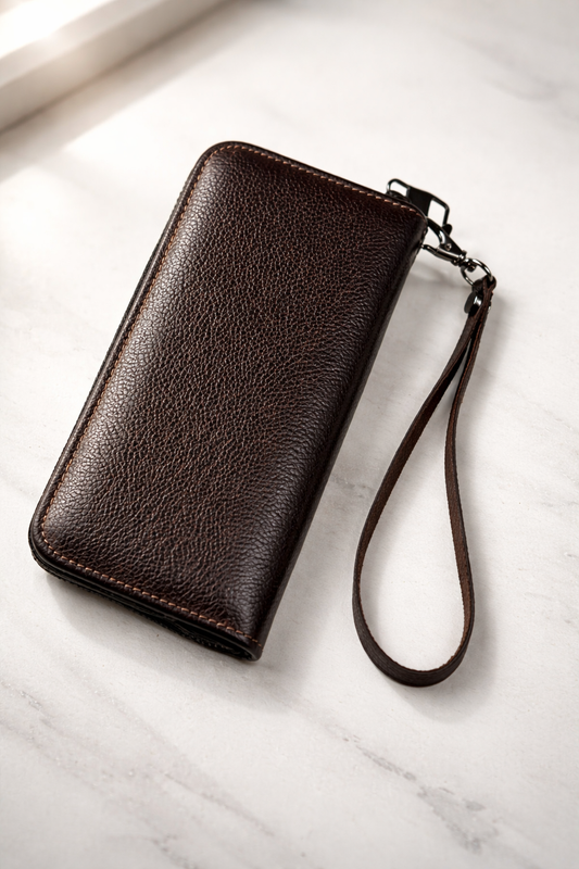 Mens Brown Genuine Leather Clutch Wallet Handmade Gift For Him Wristlet Zipper Card Holder