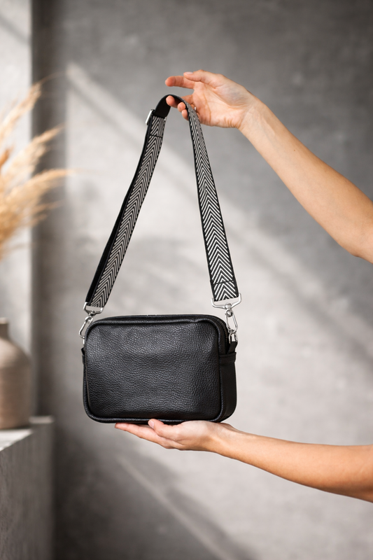 Women Crossbody Bag Genuine Leather Flotar Black Handmade Gift for Her