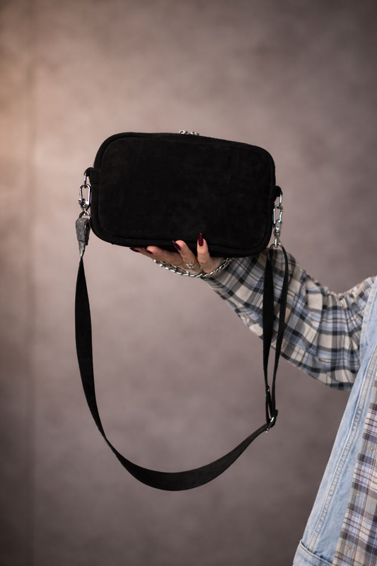 Womens Handmade Black Suede Crossbody Bag Gift For Her