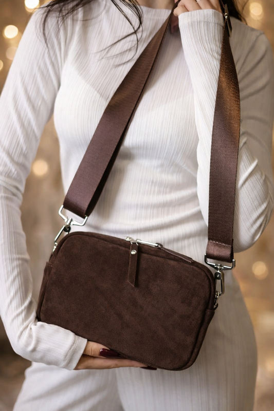 Handmade Womens Suede Crossbody Bag Chocolate Brown Gift for Her