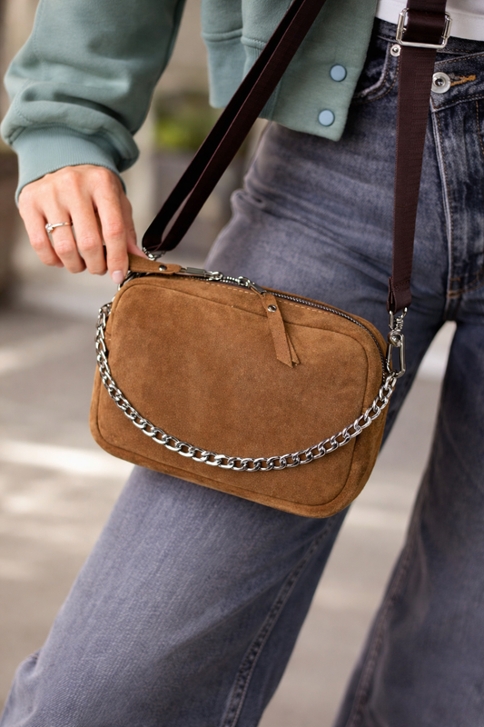 Handmade Womens Suede Crossbody Bag Cappuccino Gift for Her