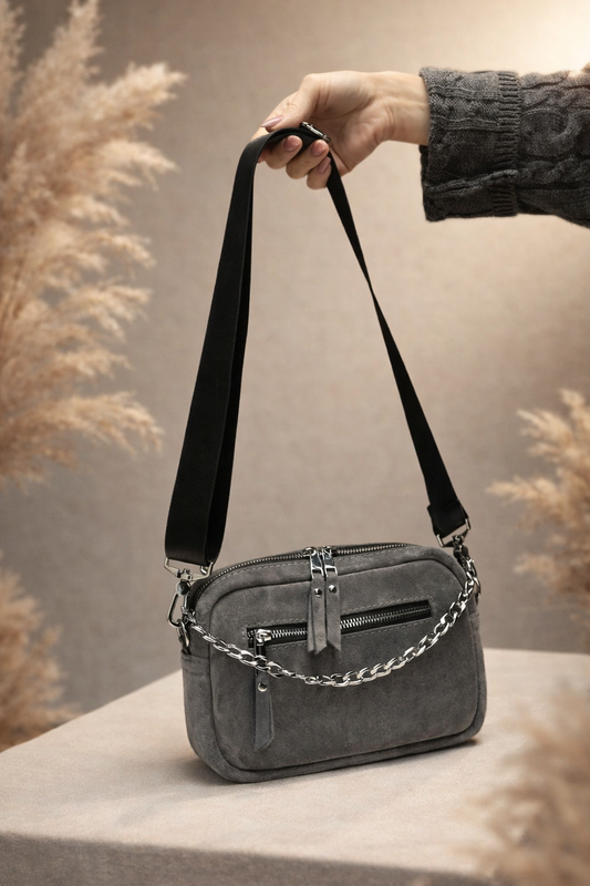 Handmade Womens Suede Crossbody Bag Natural Suede SKILL Gray Gift for Her