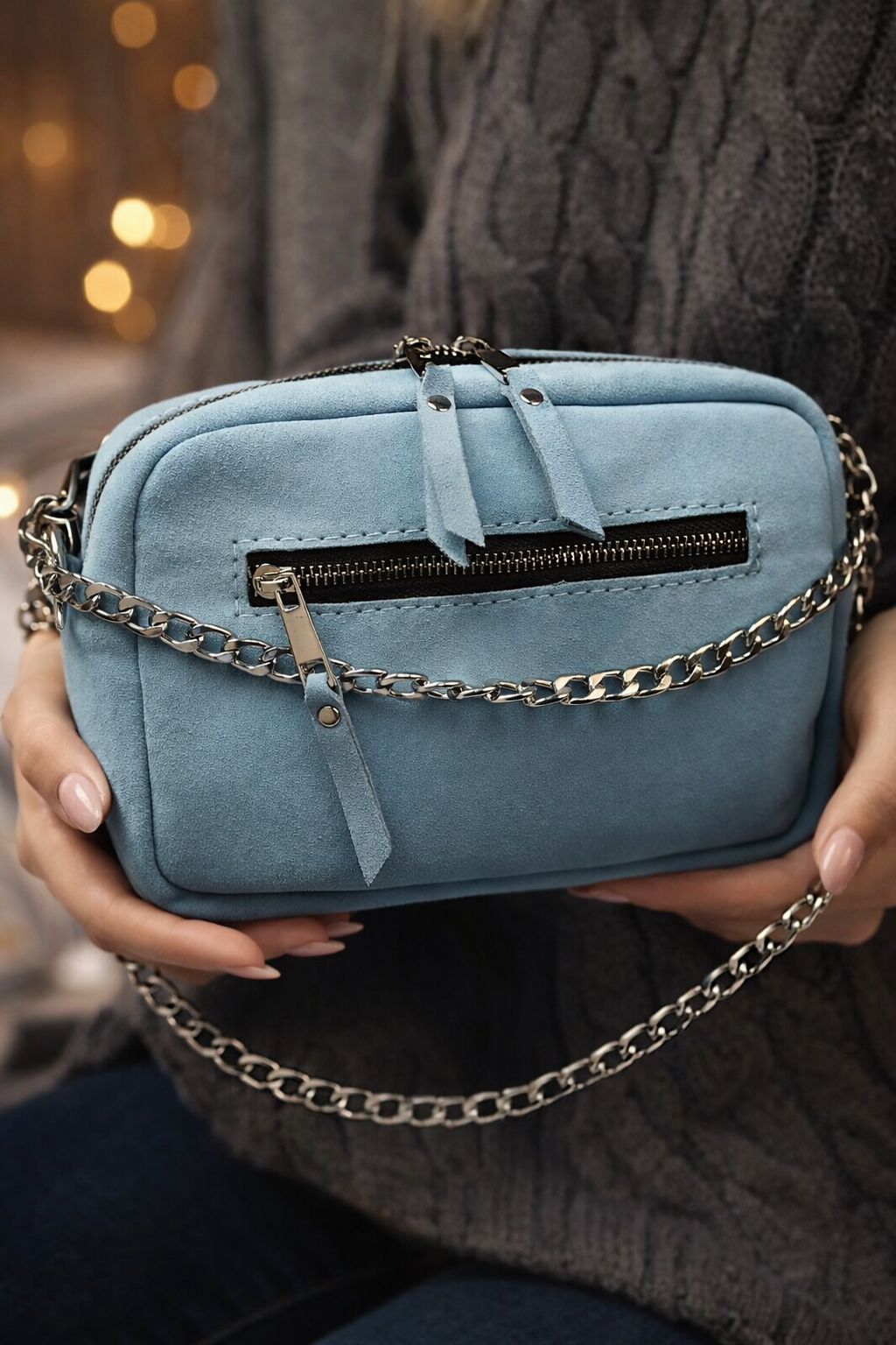 Handmade Women Blue Suede Crossbody Bag Gift for Her Compact Zip Bag