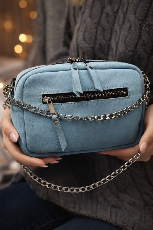 Handmade Women Blue Suede Crossbody Bag Gift for Her Compact Zip Bag