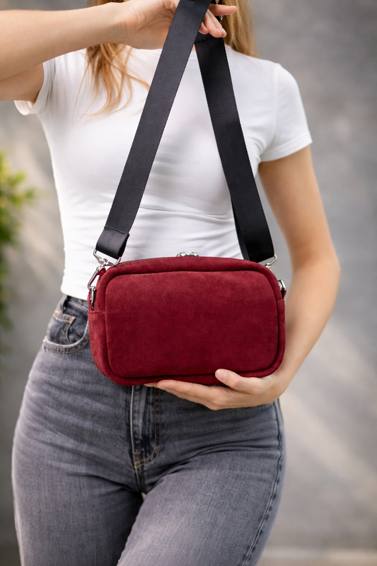 Womens Handmade Suede Crossbody Bag Burgundy Gift for Her