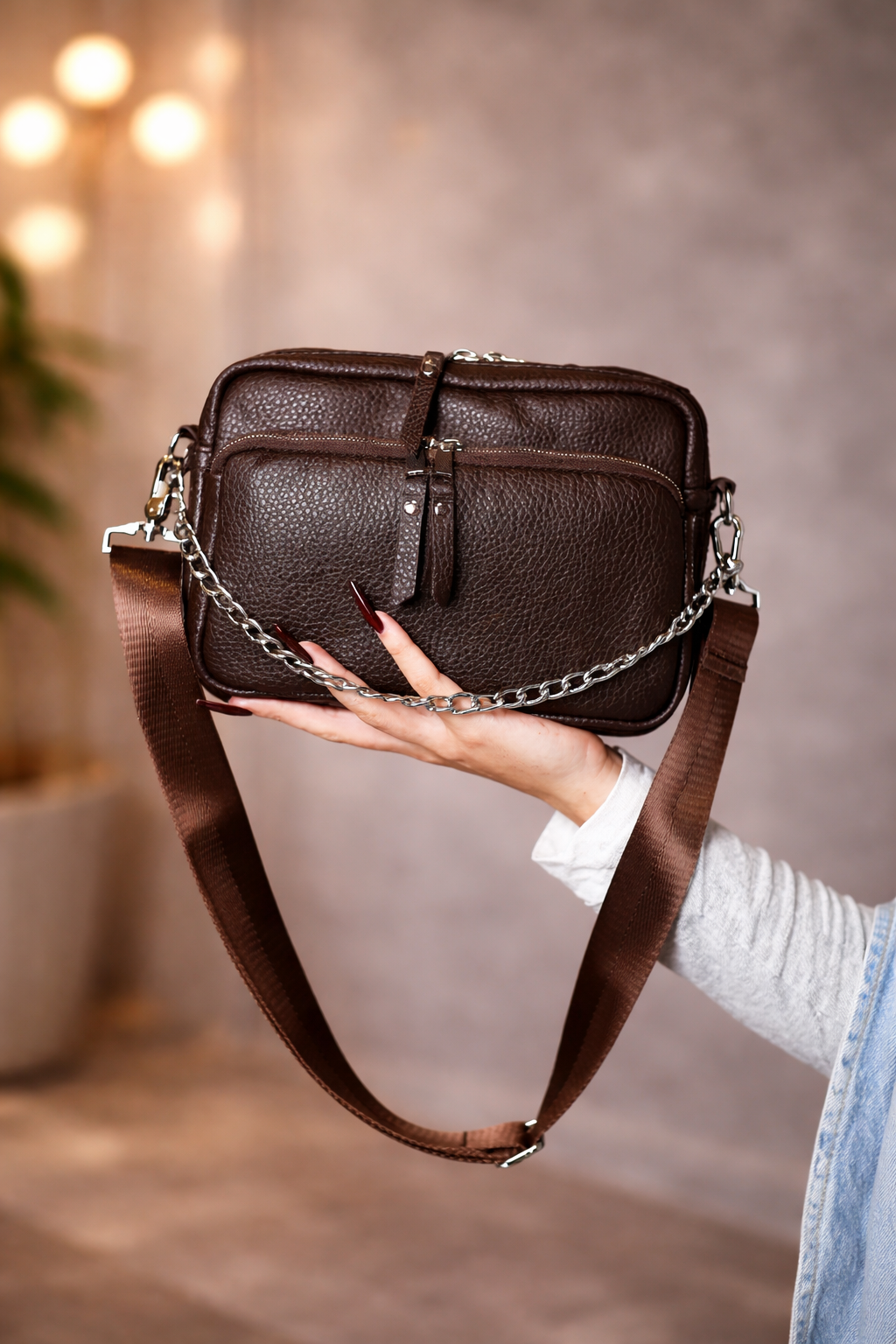 Handmade Genuine Leather Flotar Crossbody Bag Chocolate Gift for Her