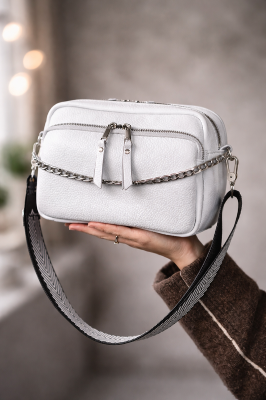 Handmade Womens White Flotar Leather Cross Body Bag Gift for Her
