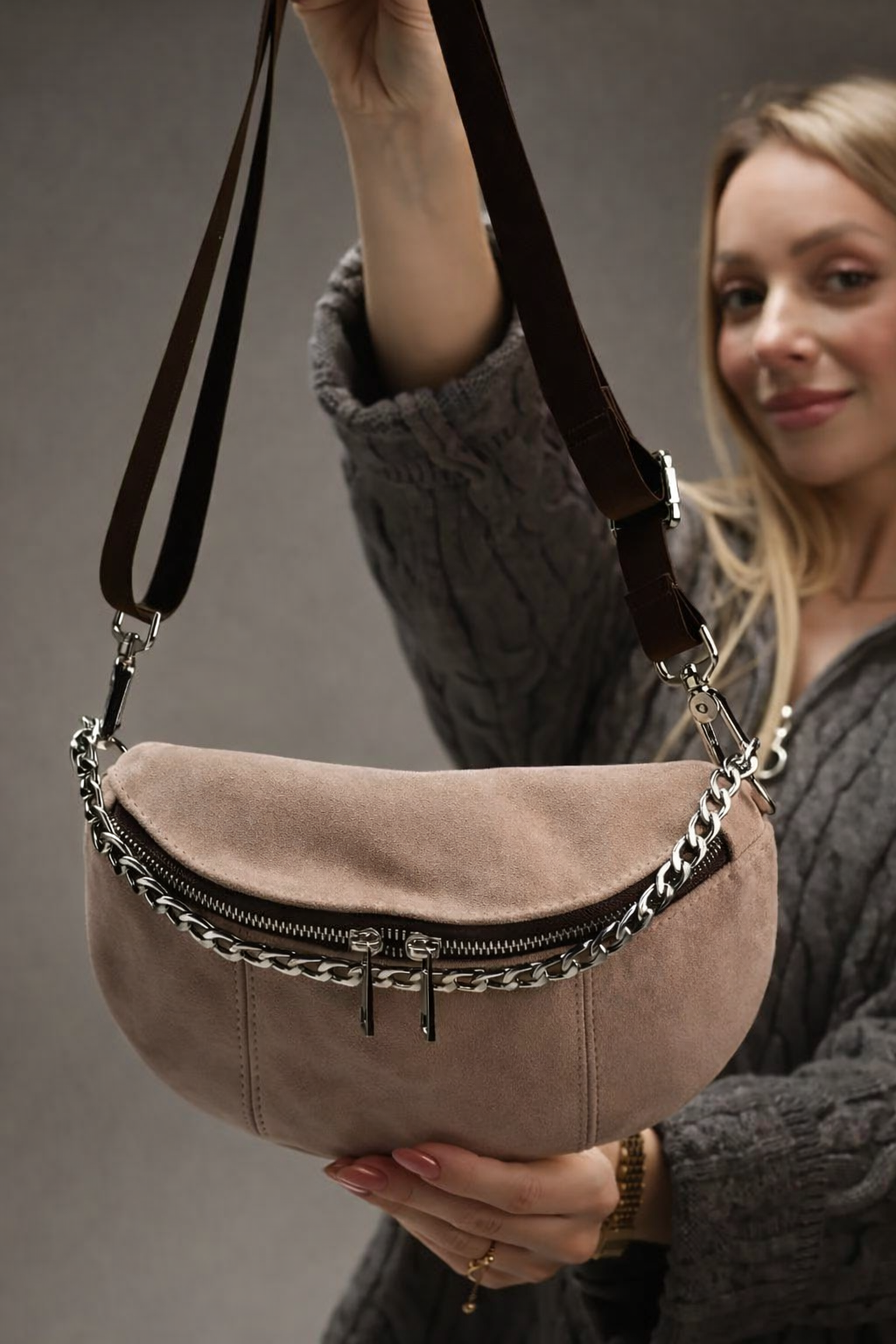 Handmade Womens Suede Banana Bag Beige Gift for Her