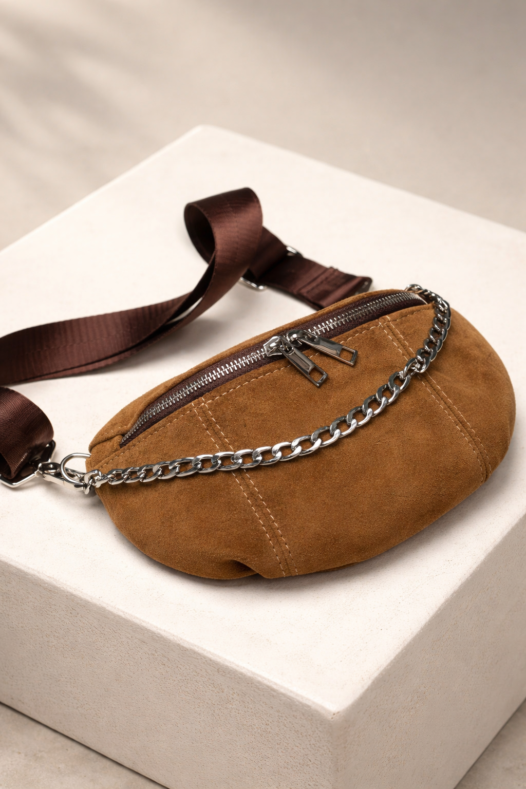 Handmade Womens Natural Suede Banana Bag Cappuccino Gift For Her
