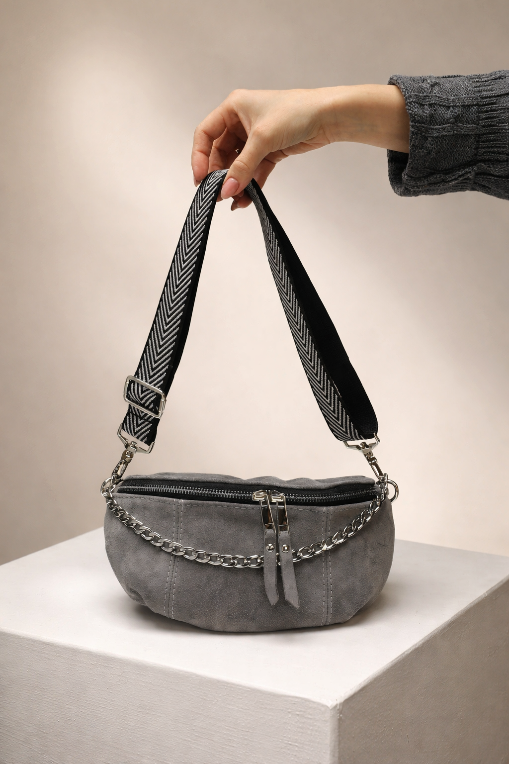 Womens Gray Suede Banana Bag Handmade Gift for Her Suede Fanny Pack with Chain Adjustable Strap